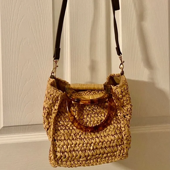 Banana Republic FactoryWoven Straw Crossbody Bag with Tortoiseshell Handle - Tan