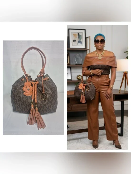 Michael Kors Brown Logo Drawstring Bucket Bag with Tan Leather Trim NWOT