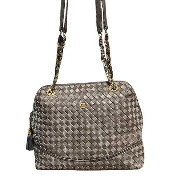 Bally Gray Woven Leather & Suede Vintage Intrecciato Double Strap Shoulder Bag