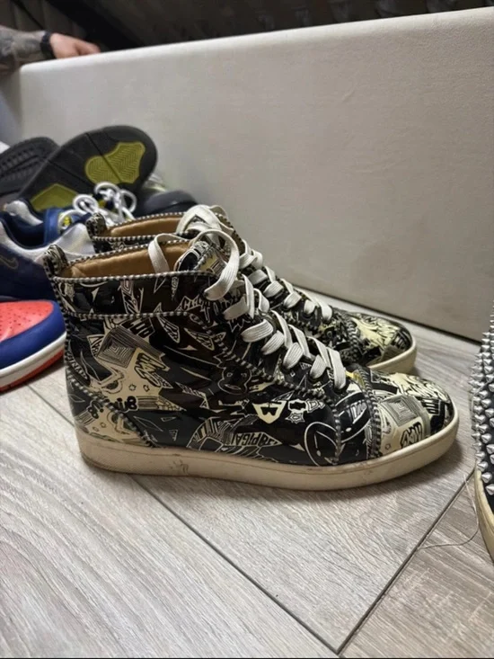 Christian Louboutin Black and White Graphic High-Top Sneakers