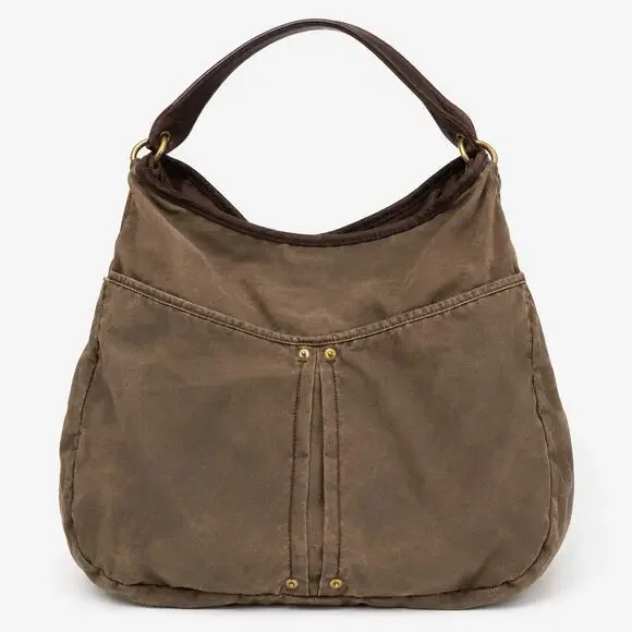 Zara Brown Canvas Leather Trim Hobo Shoulder Bag Women's Large