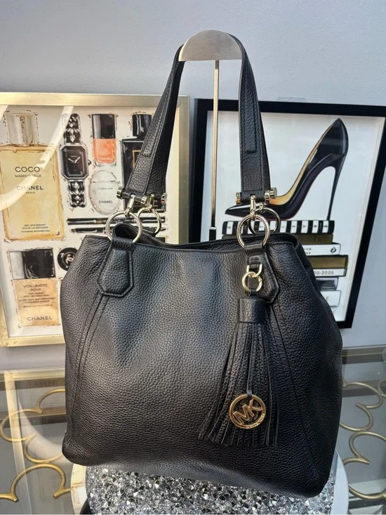 Michael Kors Black Pebbled Leather Tote with Tassel