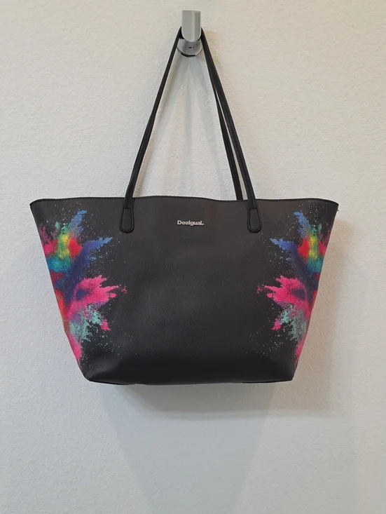 Desigual Holi Capri Black Tote Bag with Multicolor Splash Print