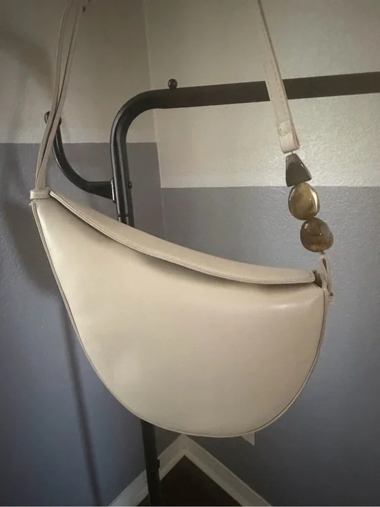 Zara Cream Crescent Shoulder Bag with Decorative Bead Detail