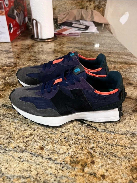New Balance navy, gray & black sneakers with coral trim