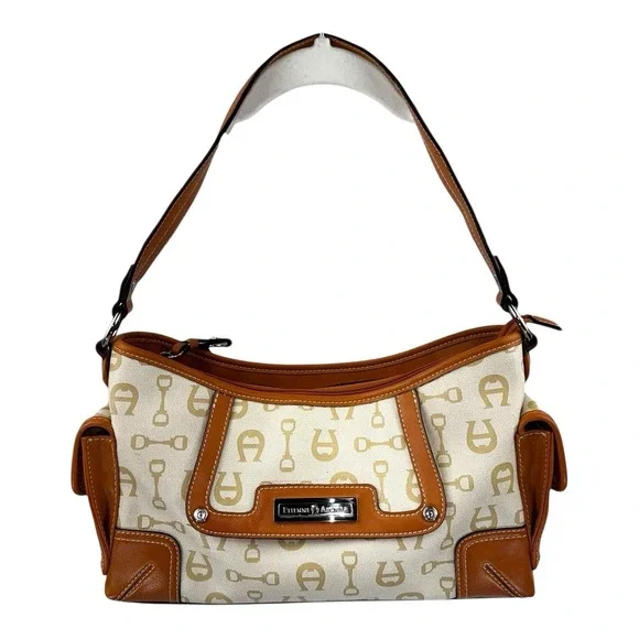 Vintage Y2K Etienne Aigner Monogram Brown Tan Small Preppy Shoulder Bag Handbag