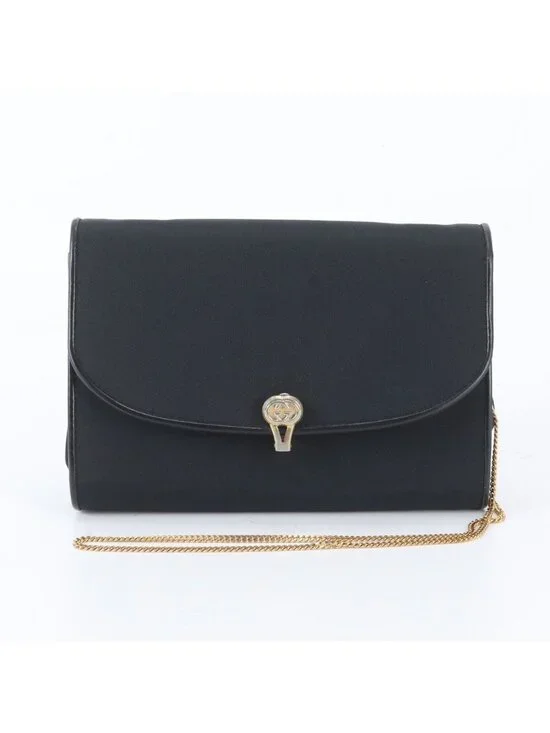 Gucci Vintage Chain Leather Nylon 2-Way Shoulder Bag Crossbody Black