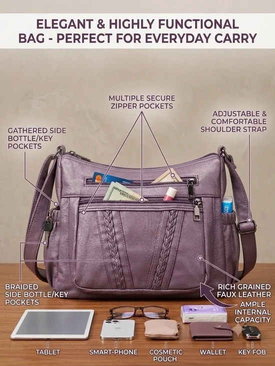 ELDA Purple Faux Leather Multi-Pocket Crossbody Bag Shoulder Purse