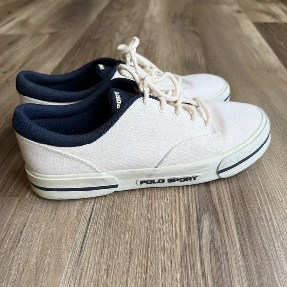 Vintage Polo Sport Ralph Lauren Mens Canvas Sneakers Cream Low Top Size 9