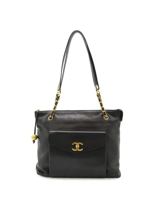 Chanel CC Logo Tote Chain Shoulder Bag Caviar Leather Black Gold