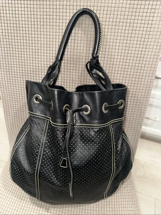 Prada vintage  Black Drawstring Shoulder Bag with Contrast Stitching