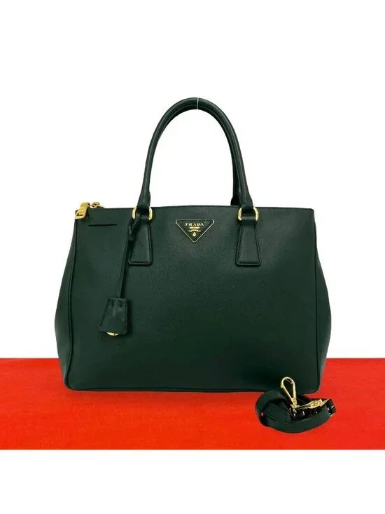 Prada Leather 2-Way Shoulder Bag Tote Green