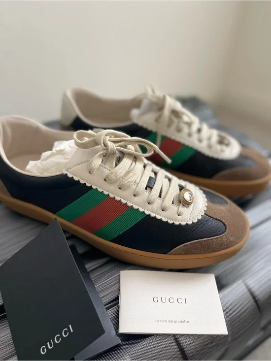 Gucci Black Leather Sneakers with Green & Red Web and Brown Suede Toe