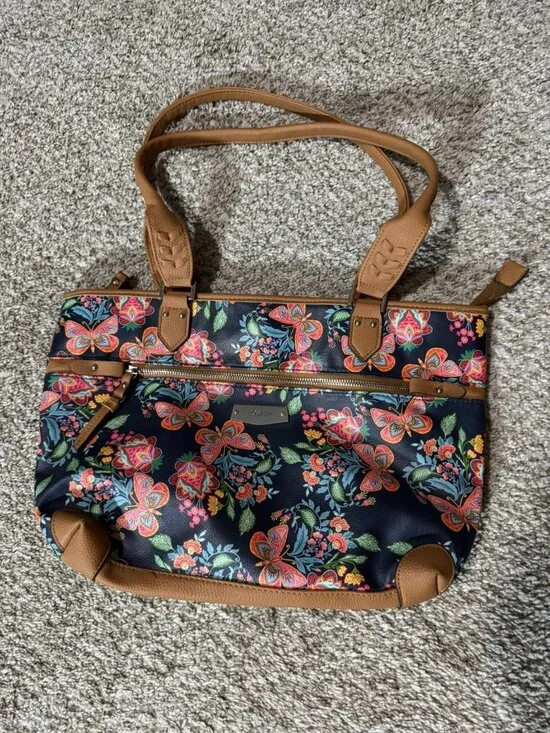 Rosetti Shoulder Bag Women's Floral Butterfly Faux Leather Tote Navy Multi Color