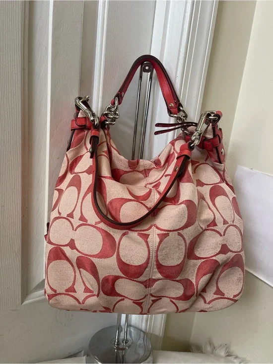 Coach Red Signature Canvas Shoulder Bag with Leather Trim