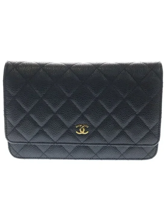 Chanel Quilted Caviar Leather Gold Chain Wallet Shoulder Bag Plate Black