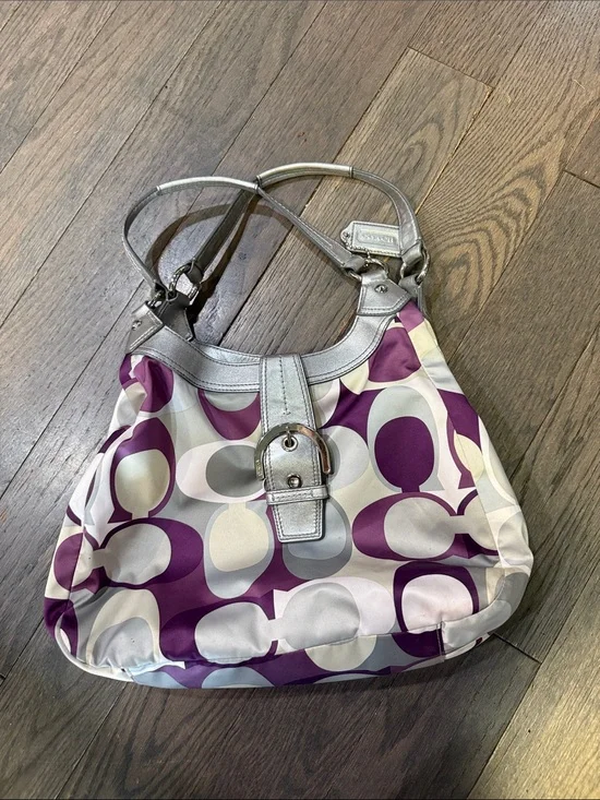 Coach Purple and Cream Signature Shoulder Bag with Silver Trim
