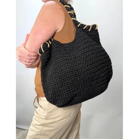 The Sak Black Crochet Hobo Bag Wood Beaded Braided Straps Boho Shoulder Bag