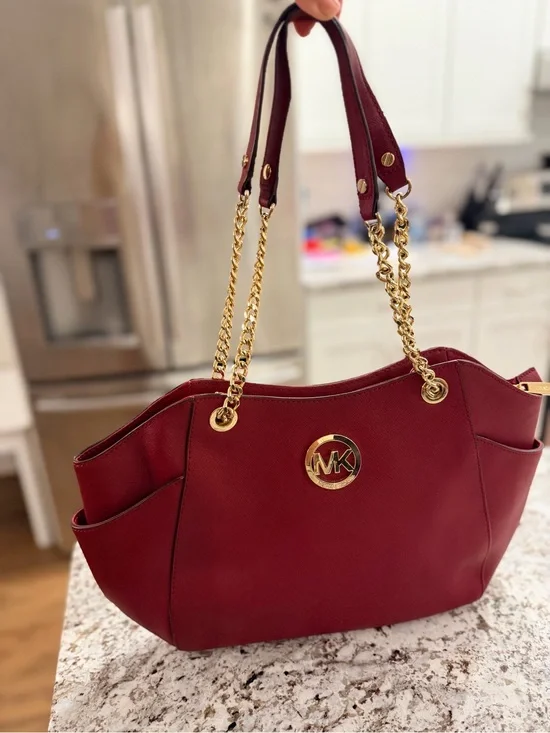 Michael Kors Red Leather Shoulder Bag with Gold Chain Straps