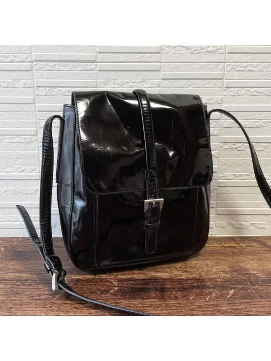 Prada Logo Enamel Patent Leather Shoulder Bag Dark Brown