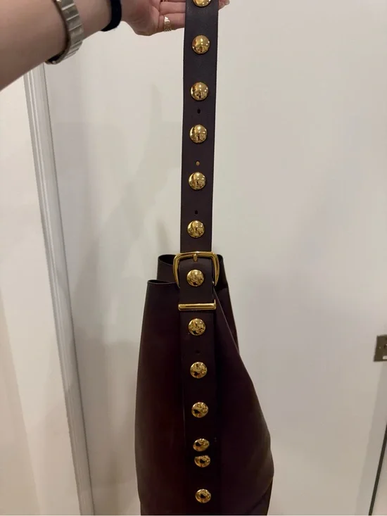 Madewell Dark Brown Leather Shoulder Bag with Gold Studs