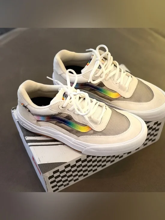 Vans White Sneakers with Rainbow Side Stripe