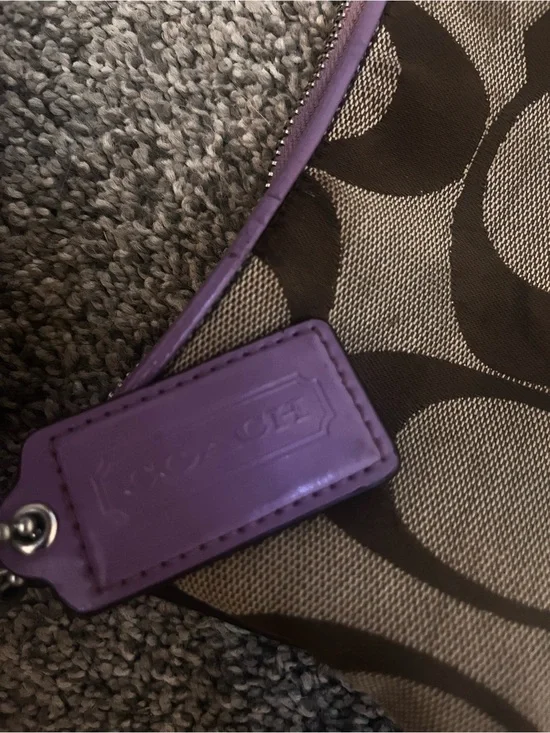 Coach Signature Canvas Shoulder Bag with Purple Trim