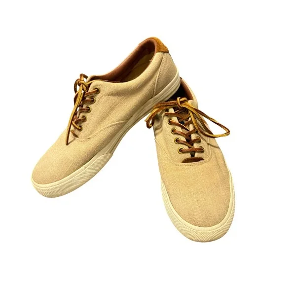Polo Ralph Lauren Sneakers Mens 8.5 D Vaughn Flax Linen Suede Tan Brown Preppy