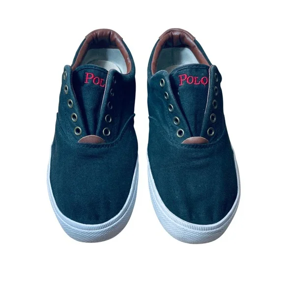 Polo Ralph Lauren Mens Black Canvas Leather Trim Sneakers Shoes 8.5