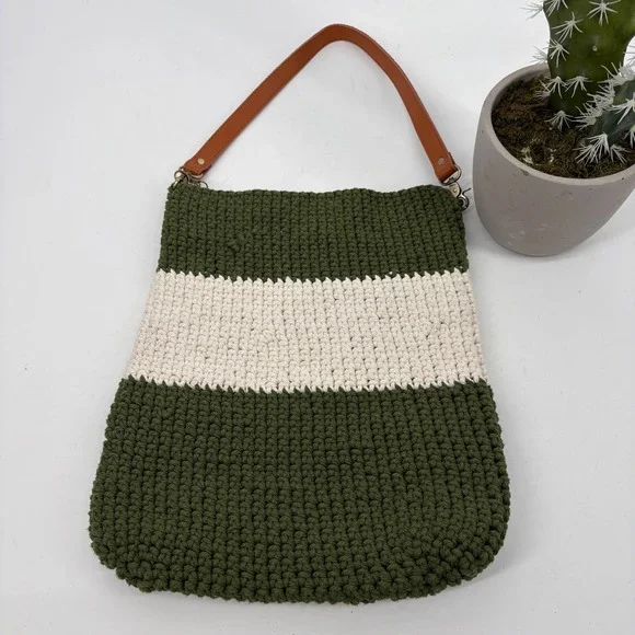 Handmade Crochet Knit Bumble Bee Lined Boho Shoulder Bag Green Cream Tote