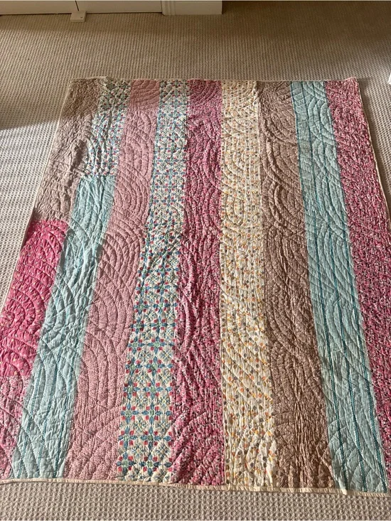 Antique 1940 handmade Striped Patchwork Quilt in Pink, Blue, Cream and Brown