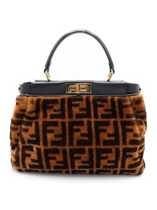 Fendi Peekaboo Regular Shoulder Bag Leather Zucca Pattern Brown