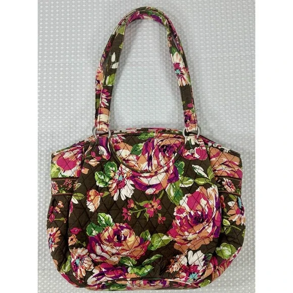 Vera Bradley Flower Shower Quilted Tote Brown Pink Floral Retired Shoulder Bag‎
