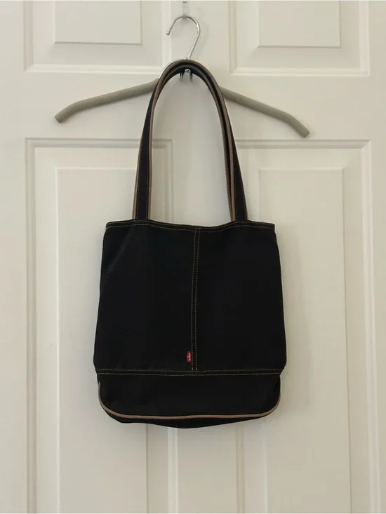 Levi’s Vintage Black Canvas Denim Tote Bag Brown Trim Y2K Shoulder Bag