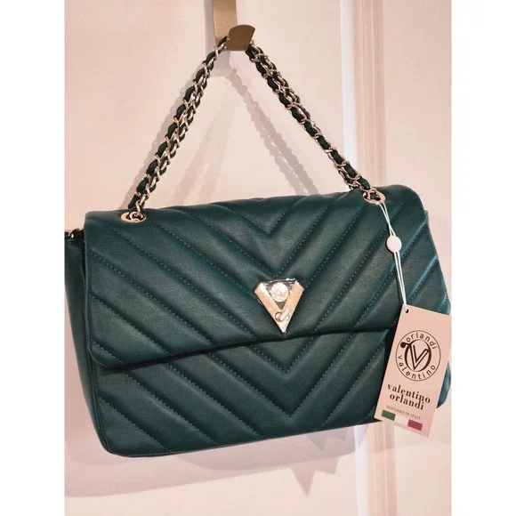 Valentino Orlandi Forest Green Quilted Leather Shoulder Bag V-3009 Italy NWT