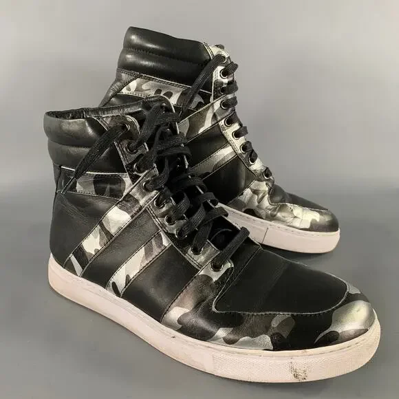 BADGLEY MISCHKA Size 12 Black Silver Camo Leather High Top Sneakers