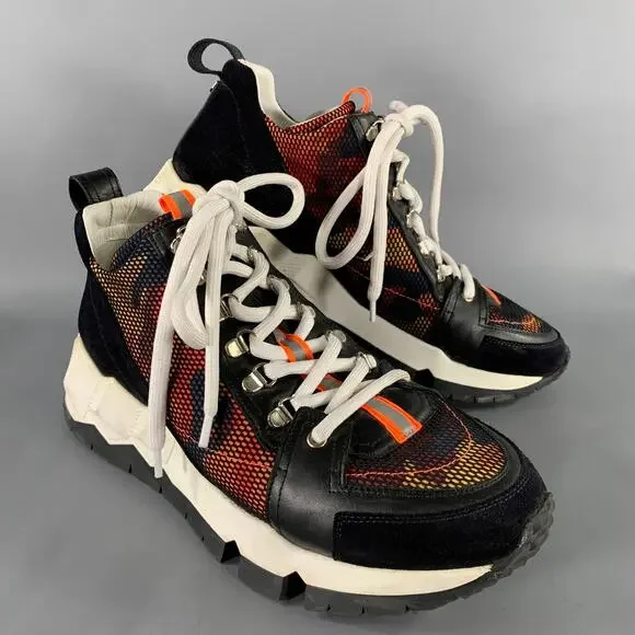 PIERRE HARDY Size 13 Black White Orange Mesh Canvas Runner Sneakers