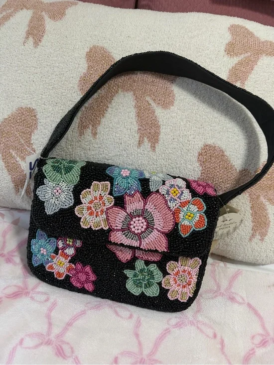 Beaded Floral Shoulder Bag - Black with Pink & Multicolor Flowers