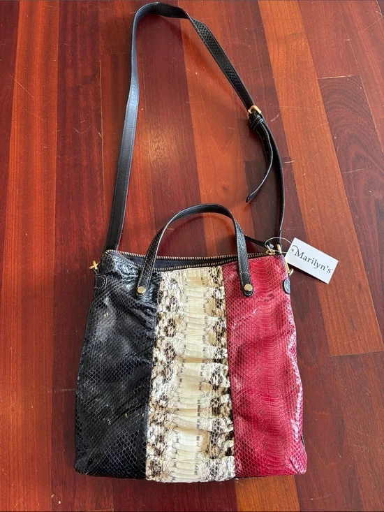 Marilyn’s Tri-Color Snake Embossed Leather Tote - Black, Cream & Red