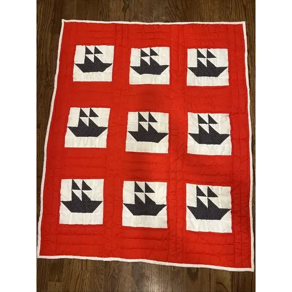 Vintage Handmade Nautical Sailboat Baby Quilt Red White Navy Polka Dot Patchwork