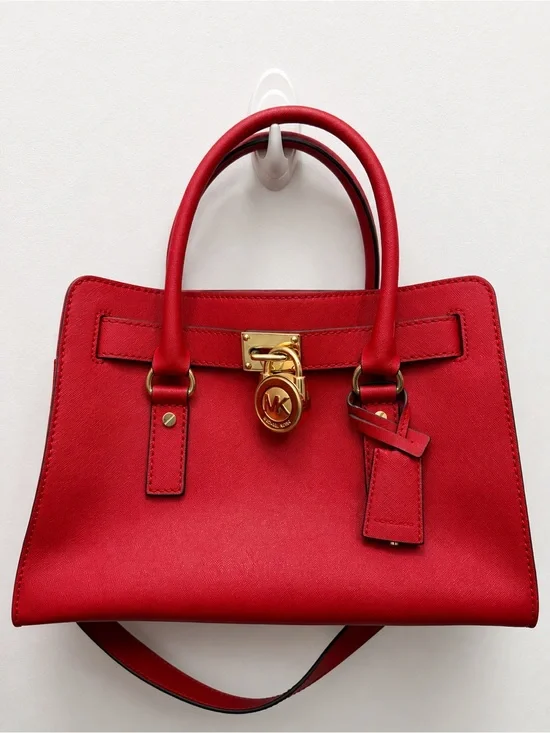 Michael Kors Red Leather Structured Satchel with Gold Lock Charm