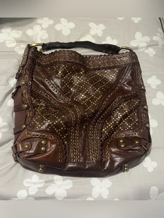 Isabella Fiore Brown Studded Leather Shoulder Bag