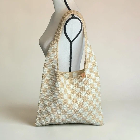 Handmade Taupe &‎ Off-White Checker Checkerboard Crochet Shoulder Tote Bag