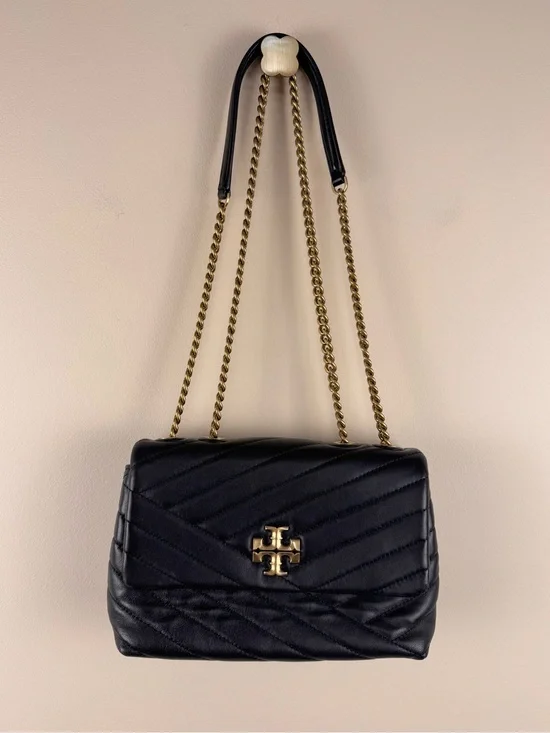 Tory Burch Kira Chevron Convertible Shoulder Bag Black Leather with Dust Bag