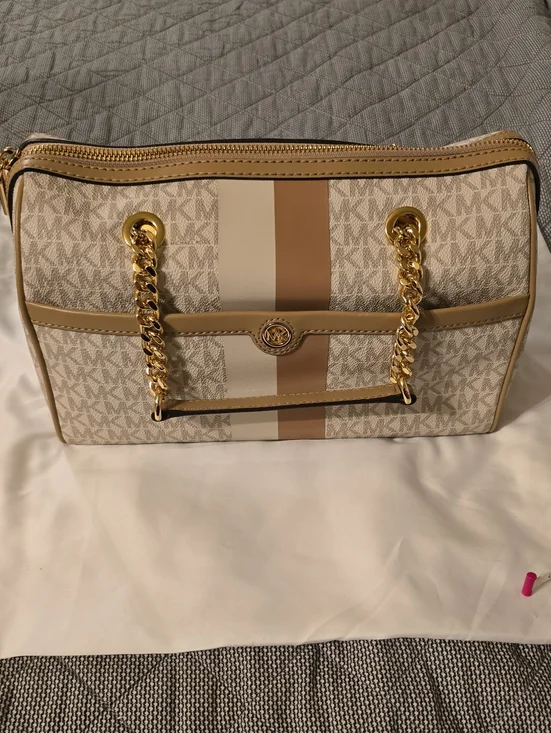 Michael Kors Beige, Tan and Cream Stripe Chain Shoulder Bag