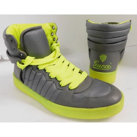 GUCCI Mens Hudson Quilted High Top Sneakers Gray Neon Green sz 41 G  US 8 appox