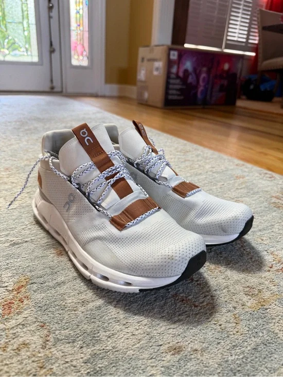 On Running Men's Athletic Sneakers in White with Brown Accents