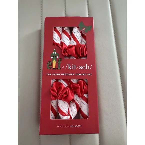 Kitsch Elf 2 Satin Heatless Curling Set Candy Cane With 2 Scrunchies New