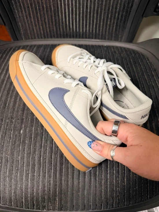 Nike Low-Top Sneakers in White with Blue Swoosh and Gum Sole