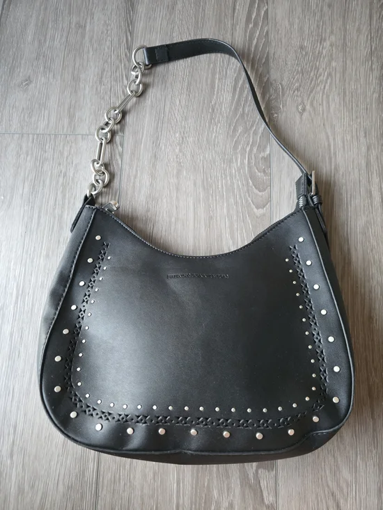 French Connection Black Studded Hobo Shoulder Bag Silver Chunky Chain Strap Moto